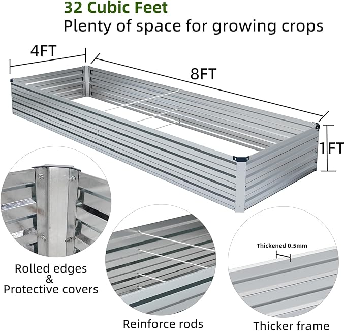 2 Pack 8x4x1FT Galvanized Raised Garden Beds Kit Outdoor Metal Gardening Planter Box for Vegetable Elevated Flower Herbs,Silver