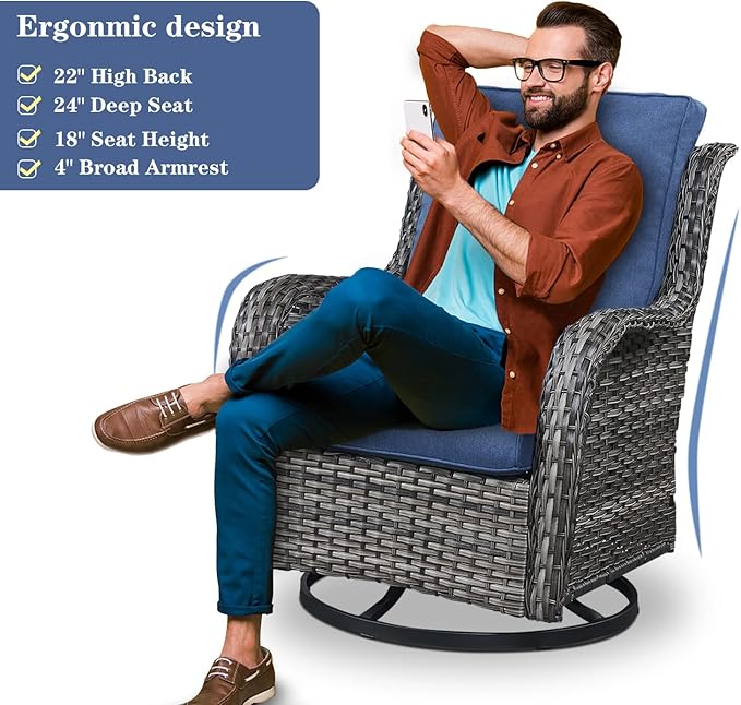 5 Pieces Patio Wicker Furniture Set - 4 Outdoor Swivel Rocker Glider Chairs with Propane Fire Pit Table, Patio Conversation Set Blue Cushion Perfect for Casual Gathering