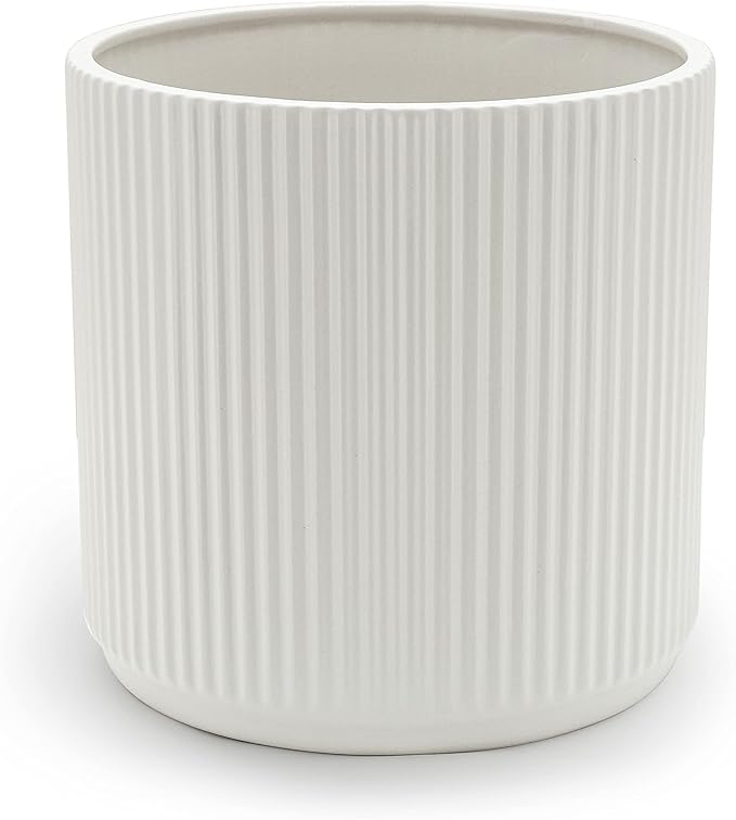 Amazon Basics Fluted Ceramic Round Planter, 8-inch, White