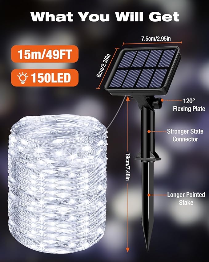 6 Pack Solar Fairy Lights for Outside Waterproof, 49FT/15M 150LED Solar String Lights Outdoor 8 Modes Solar Twinkle Lights for Garden Yard Christmas Tree Wedding Party Decor, Cool White
