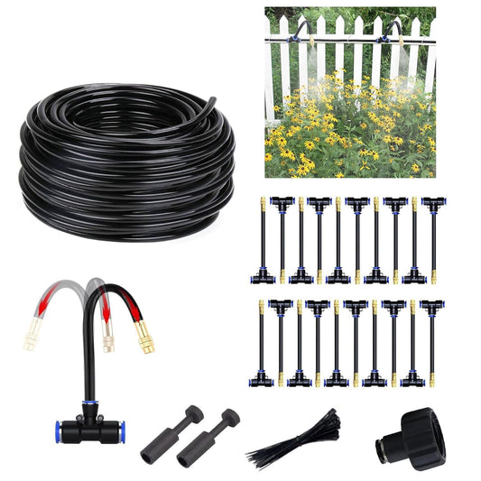 Garden Watering System, Greenhouse Mist Drip Irrigation Kit, 64.5 Ft Hanging Plant Watering System with 20 Three-Way Atomizing Nozzle and 12mm Irrigation Tubing Hose, Gold