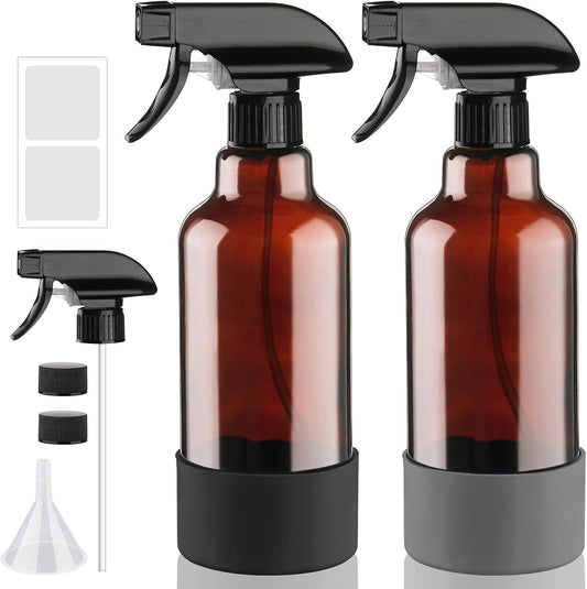 Glass Amber Spray Bottles with Silicone Sleeve, 2 Pack 16.9oz Refillable Containers with Adjustable Spray Nozzles, Empty Spray Bottle for Cleaning Solutions, Hair, Plants, Essential Oils (Black+Grey)