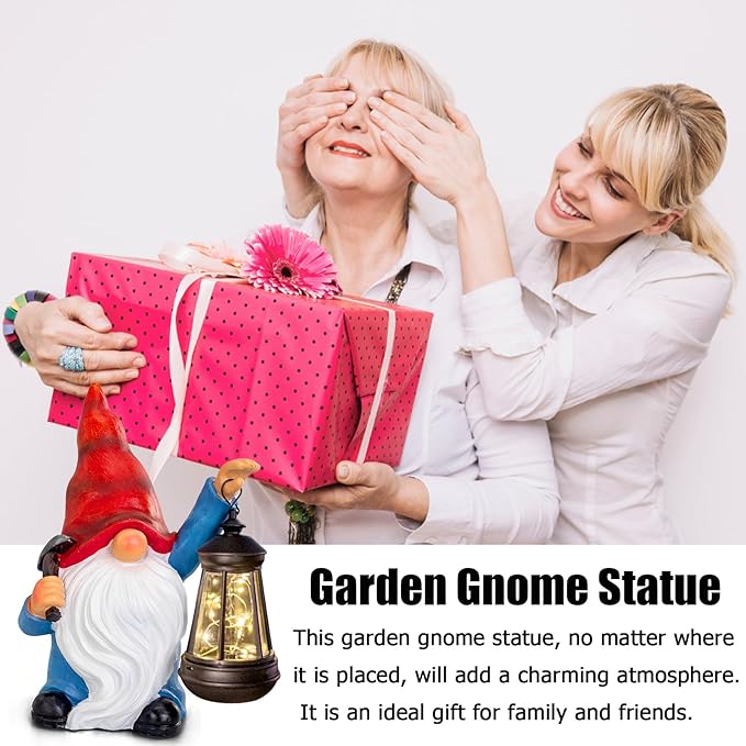 Garden Gnome Statue Solar Light Outdoor Decorations Figurine with Lantern Led Shovel Sculpture Lawn Patio Yard Porch Outside Christmas Housewarming Gifts for Women Mother's Day Grandma