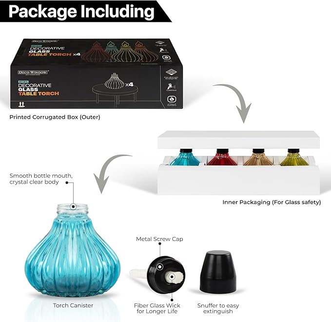 Deco Window Pack of 4 Table Torch for Indoor Outdoor Citronella Oil Tabletop Glass Lamp Landscape Multicolored Lantern with Fiberglass Wick & Cap for Garden Patio Yard Party Decor Light