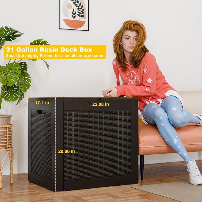30 Gallon Wicker Pattern Resin Deck Box, Lockable Patio Outdoor Storage Box for Furniture, Garden Tools and Tools Storage, Waterproof Outside Storage Box - Black Rattan