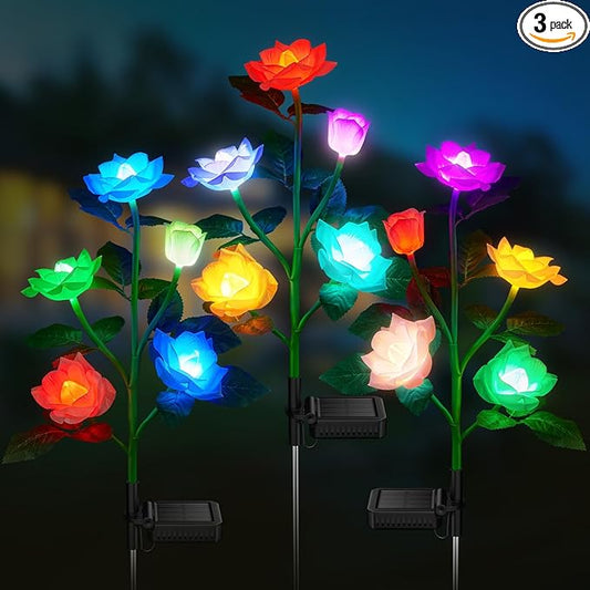 3 Pack Solar Garden Lights Outdoor, Solar Lights Outdoor IP65 Waterproof, 7 Color Changing Solar Powered Flowers Rose Lights for Outside Patio Yard Pathway