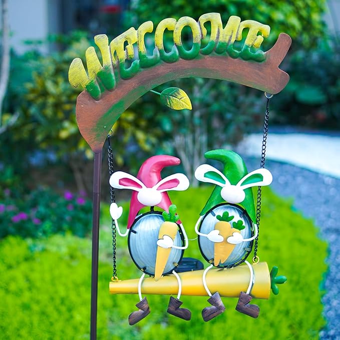 HONGLAND Solar Lights Outdoor Decor, Rabbit Swing Garden Decor, Funny Gardening Gifts for Women Mom, Gnomes Outdoor Decorations with Welcome Sign for Front Porch Patio