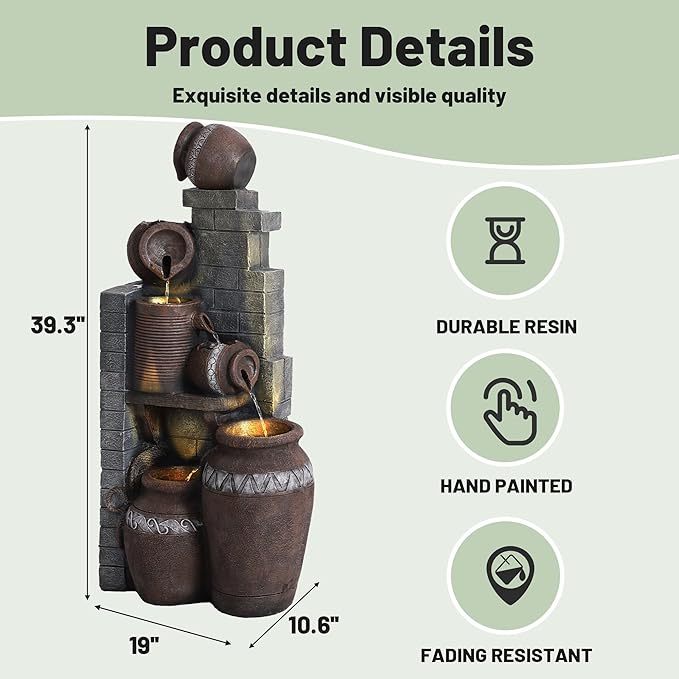 6-Tiers Garden Waterfall Fountain Outdoor - 40''H Water Fountains and Waterfalls, Large Outdoor/Indoor Floor Standing Resin Water Fountain with LED Light for Patio, Garden and Home (Grey)