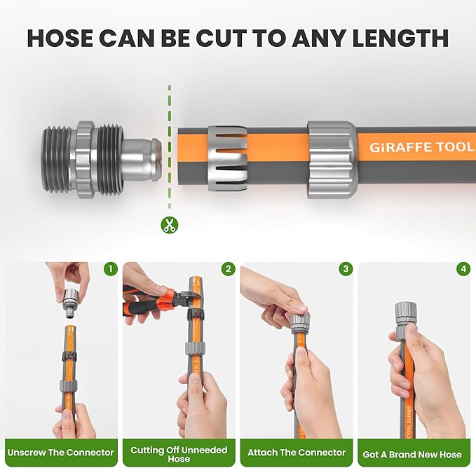 Giraffe Tools Garden Hose 100FT, 5/8" Lightweight Lay Flat Water Hose, Custom Length, Flexible, Leakproof Hybrid Hose Pipe with Male to Female Fitting