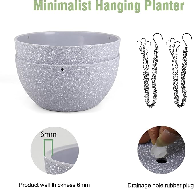 8 inch Small Hanging Planters for Indoor Outdoor Plants, 2 Pack Hanging Flower Pots with Drainage Holes and Chain for Garden Porch, Plastic Hanging Baskets for House Plants, Speckled Grey