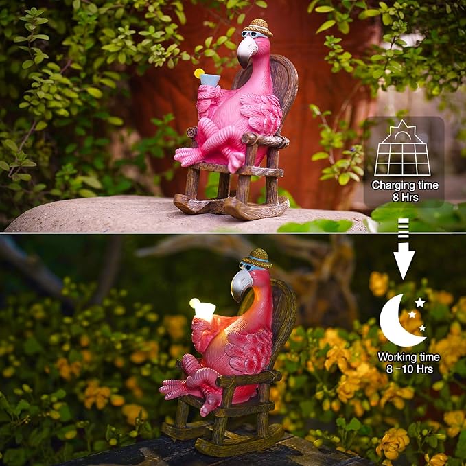 Goodeco Solar Flamingo Statue Outdoor - Perfect Relaxing Fairy Garden Gifts, Great as Birthday or Mom Gifts - 8.1 inches Tall, Pink