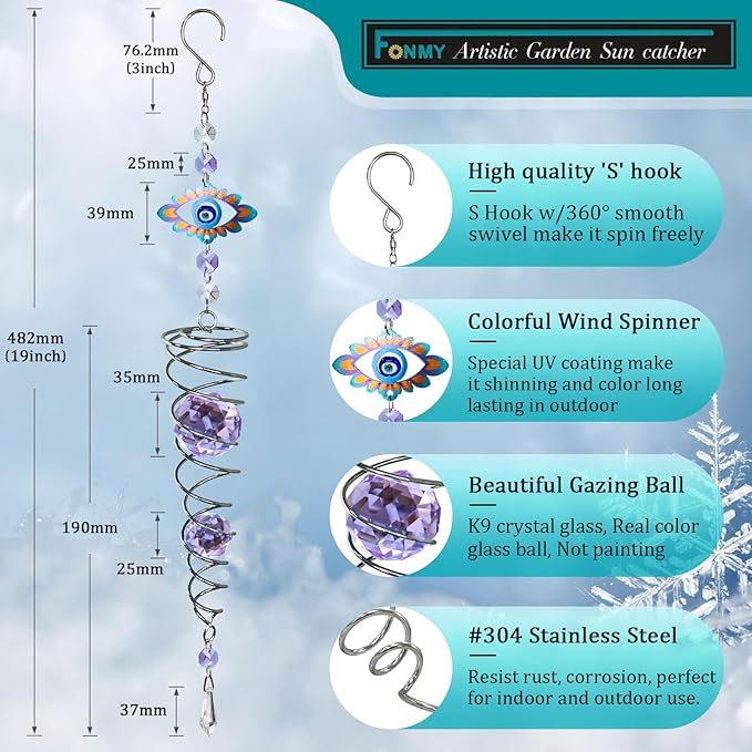 FONMY Evil Eye Gazing Ball Spiral Tail Wind Spinner Sun Catcher Rainbow Maker Silver Spiral W/Purple K9 Crystal Ball Christmas GifTree Hanging Ornament Indoor Outdoor Garden Decor. 19.5inch H