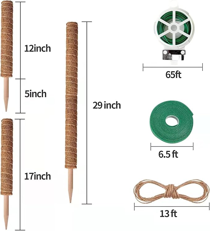 8 Pcs Moss Pole for Plants Monstera, Plant Support Stakes for Indoor Climbing Plants Grow Upwards, with 65ft Twist Ties, 13ft Jute Rope, 6.5ft Hook-and-Loop Strip