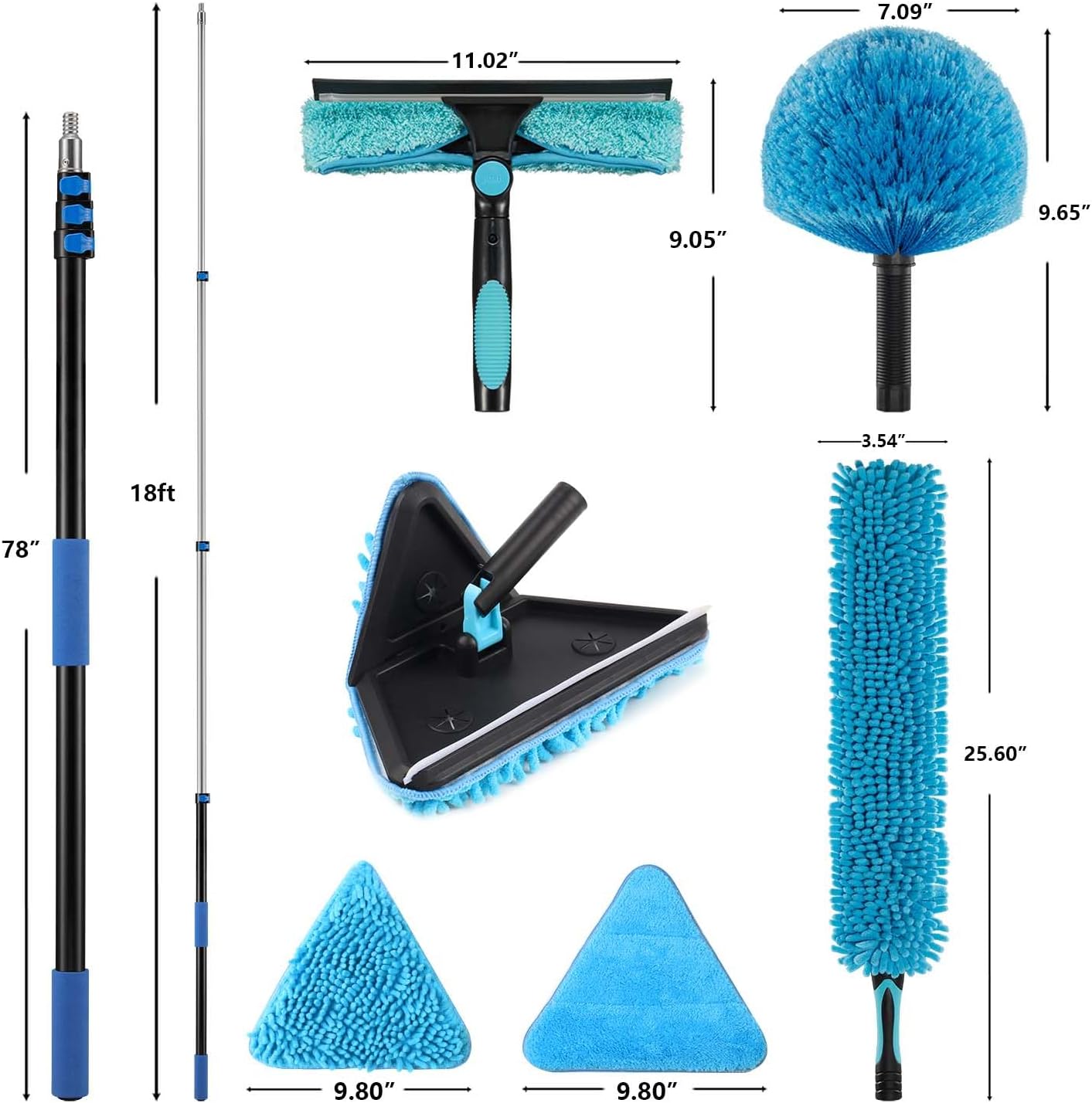 25 Feet High Ceilings Baseboard Wall Cleaner Mop with 18 Ft Extension Pole, Cobweb Duster, Window Cleaning Squeegee Kit (18ft)
