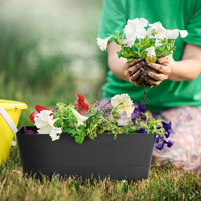 GREANER 12x3.8 Inch Herb Planters, 1 Pack Rectangle Window Boxes with Tray, Indoor Succulent Cactus Mint Plastic Pot for Windowsill, Balcony, Office, Outdoor Garden - Black