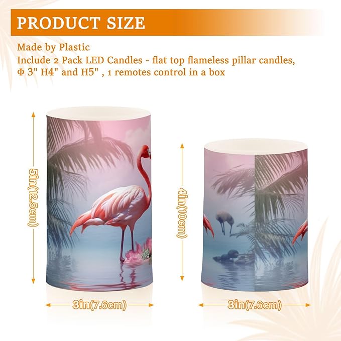 Flamingo Flameless Candles with Remote Control and Timer, Adjustable Brightness Long Lasting Battery Operated LED Pillar Candles for Indoor Outdoor Party Home Decor, 2 Pack