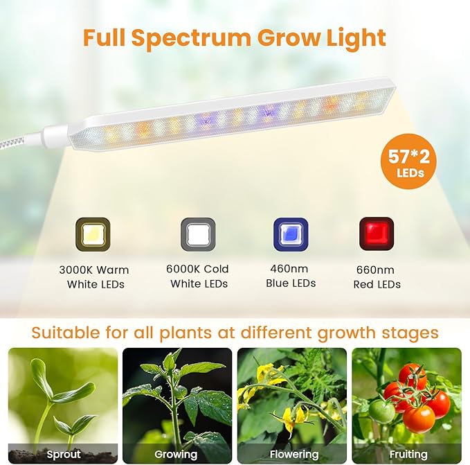 Grow Lights for Indoor Plants with Stand, 2-Heads Full Specturm Plant Grow Light with 4/8/12/16H Timer, 3 Color Modes, 360° Flexible Gooseneck, 24-68.7in Hight Adjustable Plant Growing Lamp