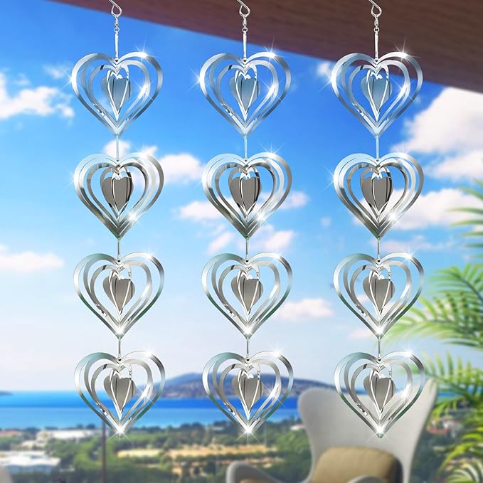 12 Metal Heart Bird Scarer Discs Set, Wind Spinners 3D Helix Reflector Stainless Steel Sparkly Outdoor Garden Decor, Scare Birds & Animals Away from Garden Yard Patio Lawn Farm Wind Sculpture Gifts