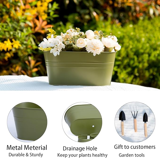 5 Pack Metal Hanging Flower Pots for Railing Fence，Outdoor Balcony Rail Planter with Garden Tools Detachable Hooks Drainage Holes for Deck Garden Home Decor Green