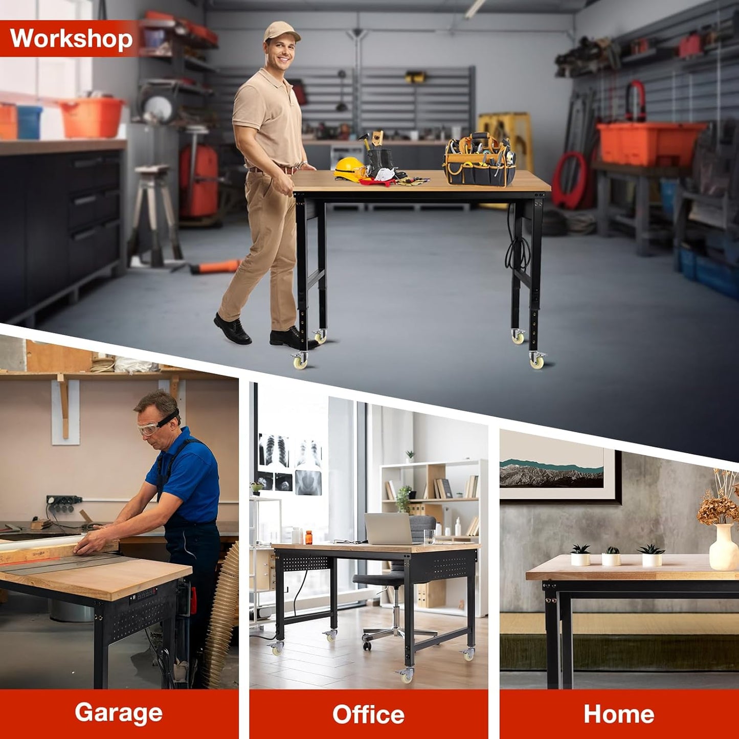 48" L×24”W Adjustable Workbench with Wheels, 28”-40”Height Heavy Duty Table 2000 LBS Load Capacity, Work Bench with Power Outlet & Pegboard, Rubber Wood Work Table for Garage, Office, Workshop