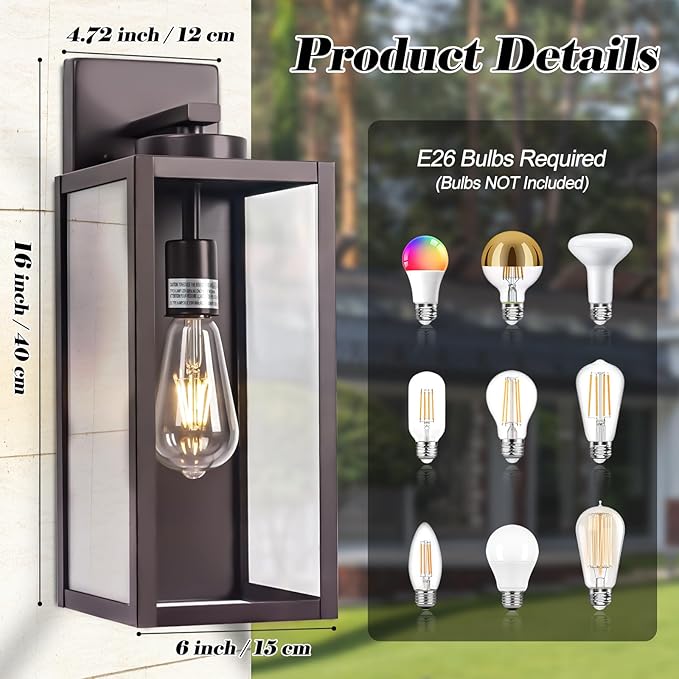 16-inch Oil-Rubbed Bronze Large Outdoor Wall Light Fixture, Brown Exterior Wall Lantern, Farmhouse Porch Sconce Lighting, Modern Outside Lights for House, Garage, Patio Lamp, 2 Packs
