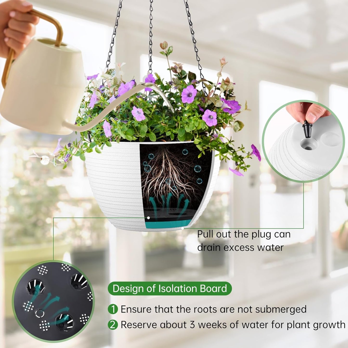 Hanging Planters for Indoor Outdoor Plants, Set of 2 Self Watering Hanging Pots with Drainage Hole & Plug and 20" Chain & Hooks