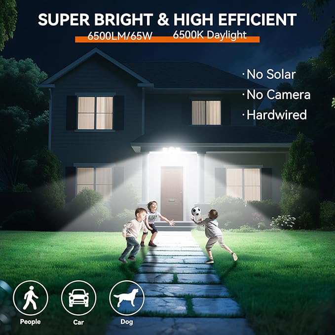 65W LED Flood Light Outdoor, 6500LM, Waterproof, 6500K Motion Sensor Flood Lights Outdoor with Adjustable 3 Head Detected Floodlight for Outside Entryway Garage, Yard, Porch, White