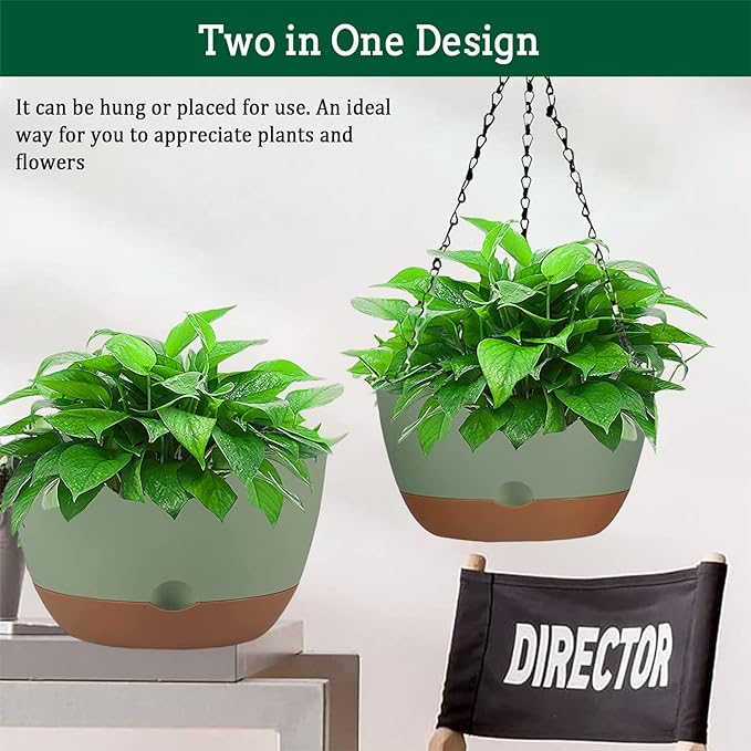 Hanging Planter Self Watering 10 Inch, 2 Pack Indoor Outdoor Hanging Baskets, Hanging Flower Pots with Drainage Hole & 2 Kinds of Plant Hangers for Garden Home Decor(Green)…
