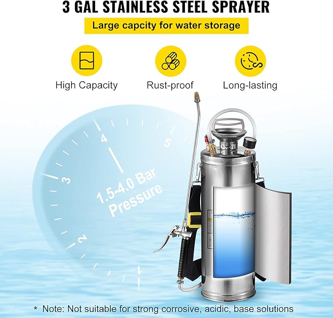 Happybuy 3 Gallon Stainless Steel Sprayer, 20" Wand & 3FT Reinforced Hose, Hand Pump Sprayer with Pressure Gauge, Safety Valve & Adjustable Nozzle, Weed Sprayers for Lawn, Gardening & Sanitizing