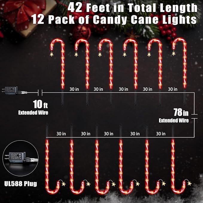 36" Outdoor Christmas Decorations, Real 30" Red Candy Cane Lights Outdoor Pathway 8 Flashing Modes, 12 Pack Christmas Candy Cane Lights, Christmas Decorations Outdoor Yard, Warm Lights with Star