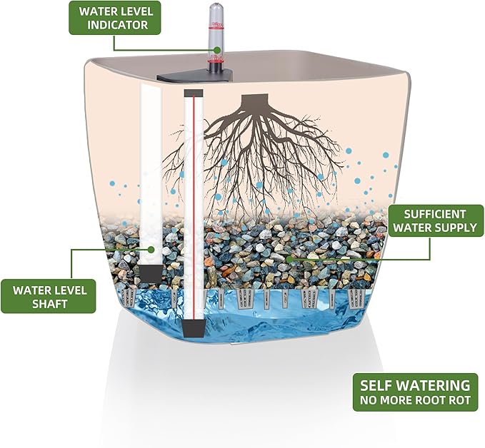 Dexceder 13x12 Self Watering Planter with Wheels Indoor Outdoor, Inner Mat Design, Thickened Large Floor Standing Flower Plant Pot with Water Level Indicator (Taupe Matte)