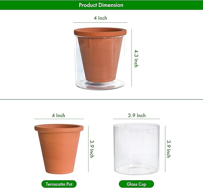 D'vine Dev 4 Inch Design Self Watering Planter for Indoor Plants, Terracotta Pot with Cylinder Glass Cup, Set of 4, 37-X-A-4
