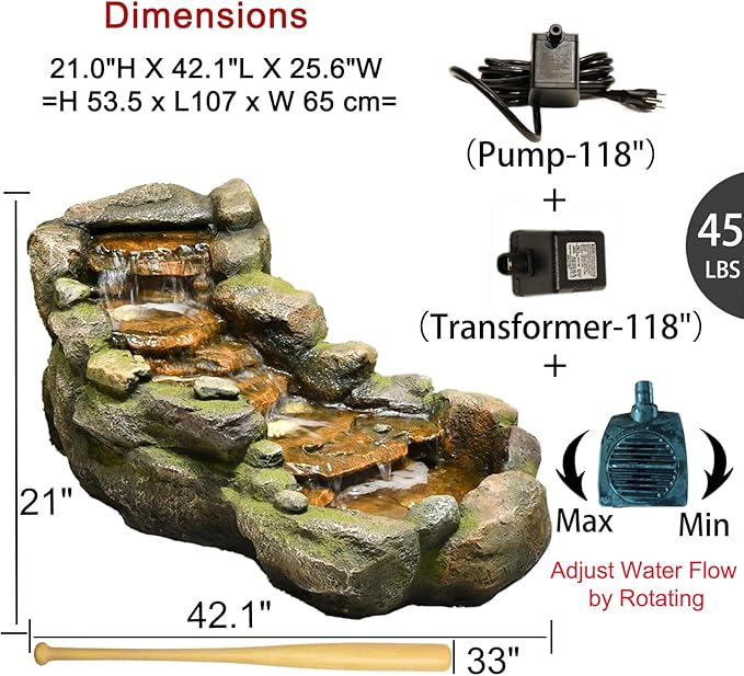 Garden Outdoor Water Fountain, 42.1" L Floor Standing Tiered Rock Outdoor Fountains with LED Lights and Pump for Garden, Backyard, Deck, Patio, Porch and Home Art Decor