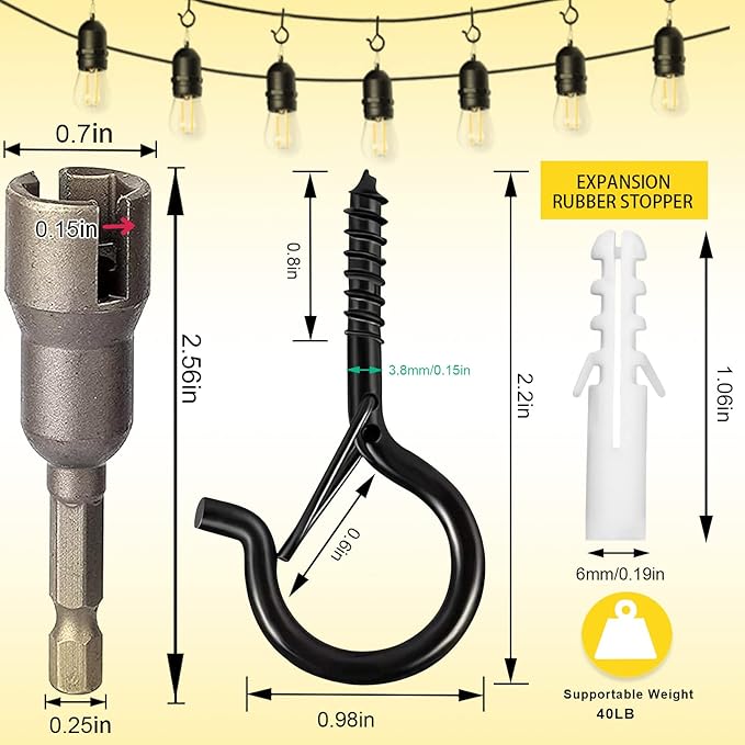 Hooks for Outdoor String Lights, 52 Pack Screw Hooks for Hanging Plants Led Party Lights Garage Wind Chimes, Black Heavy Duty Q Hanger Ceiling with Safety Buckle, Box and Wing Nut Driver