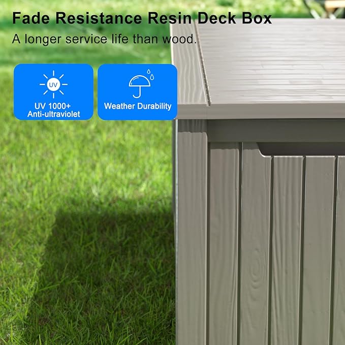 150 Gallon Outdoor Deck Box,Storage Lockable Waterproof Patio Furniture,Garden Tools,Cushions,Pool Accessories Outside Storage Resin Box(Grey)