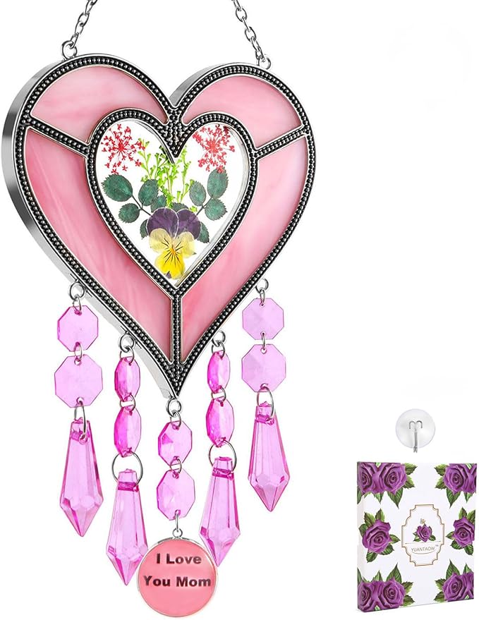 Gifts for Mom Suncatcher Heart Shaped I Love You Mom - Colored Glass Light Catcher Hanging Wind Chime Decorations Window Gifts Mother's Day Valentine's Day Birthday Christmas (Pink)