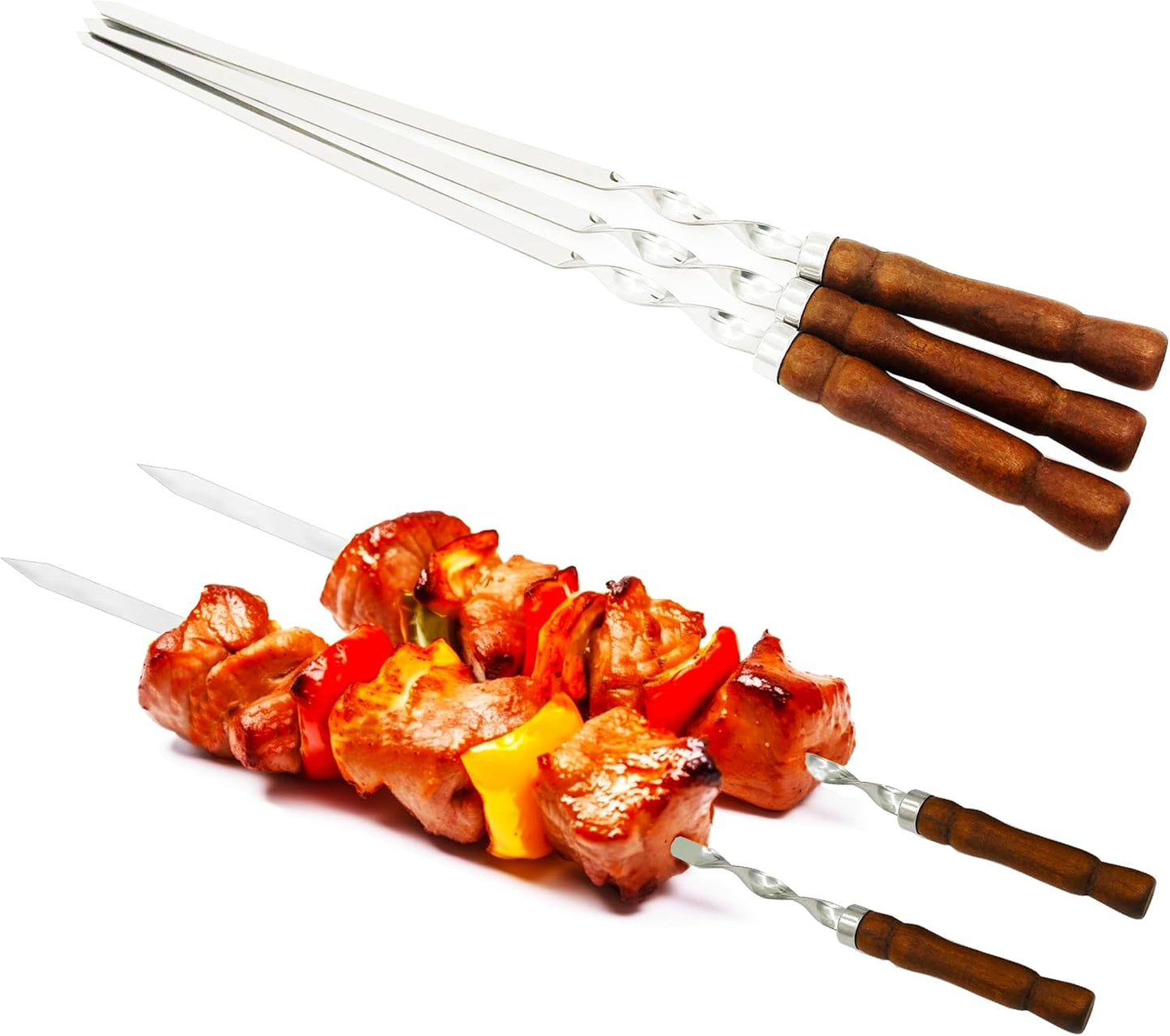 23.6 Inch Skewers for Kabobs 0.62 Inch Wide Kabob Skewer 8PCS Reusable Metal Skewers for Grilling Long Kebab Skewer Large Heavy Duty BBQ Sticks Stainless Steel Barbecue Sticks with Oak Handle