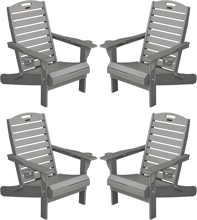 Adirondack Chairs Set of 4, Outdoor Fire Pit Chairs, HDPE All-Weather Adirondack Chairs with Cup Holder, Lawn Chair for Deck, Patio, Garden (Grey)