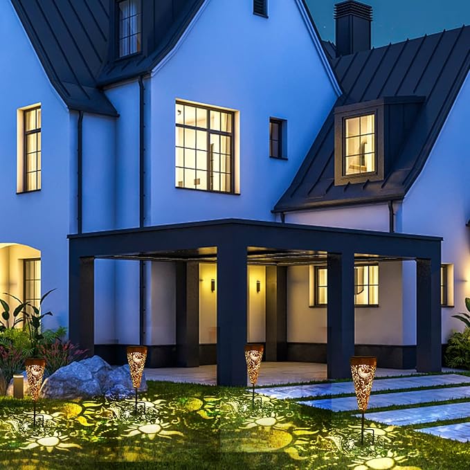 DIBIEECN 6 Pack Sun and Moon Solar Pathway Lights Outdoor,Metal Garden Decorations Outdoor Lights with Patterns and Warm Light,Waterproof Landscape Lighting for Path Patio Backyard Walkway Yard