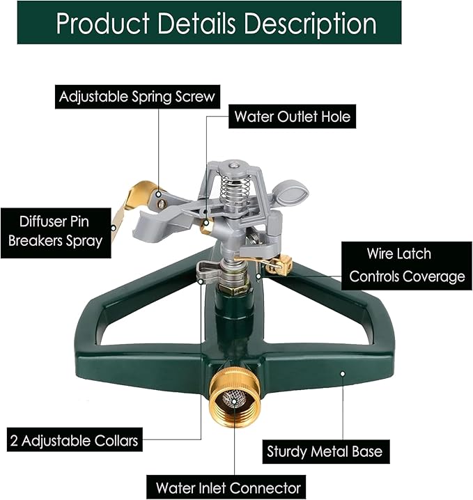 Heavy Duty Metal Pulsating Sprinkler for Yard - 360 Degree Roating Automatic Water Sprinkler for Lawn with Metal Base, Pulsating Impact Sprinklers for Large Area Covers Up to 85‘ Diameter