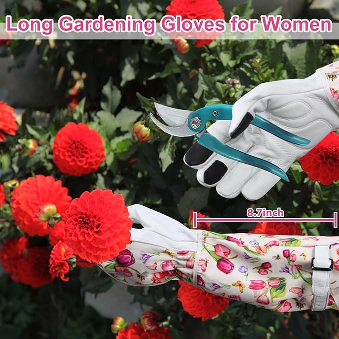 DLY Gardening Gloves for Women, Rose Gloves Gardening Thorn Proof, Long Garden Gloves for Women, Breathable Cowhide Leather Gauntlet(Large,White)