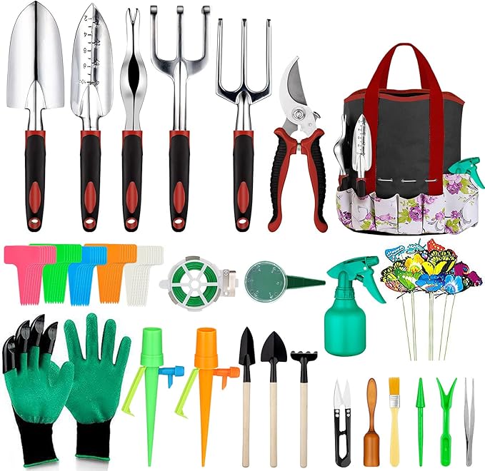 Garden Tools Set 83 Piece Succulent Tools Set Included, Heavy Duty Aluminum Gardening Tools for Gardening, Ergonomic Handle Tools, Storage Tote Bag, Gifts Tools for Men Women (Red)