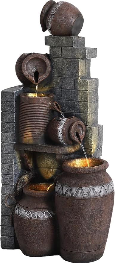 6-Tiers Garden Waterfall Fountain Outdoor - 31’5''H Water Fountains and Waterfalls, Large Outdoor/Indoor Floor Standing Resin Water Fountain with LED Light for Patio, Garden and Home (31.5”H)