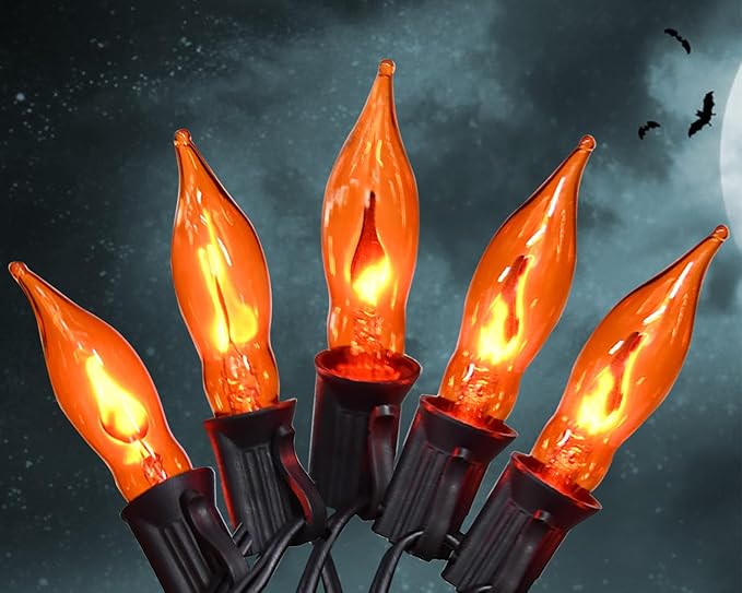 Flickering Flame String Lights Orange Halloween Lights with 10 Pack C7 Orange Flame Light Bulbs, 12.8Ft Orange Flame String Lights for Halloween Decorations for Home Party Yard