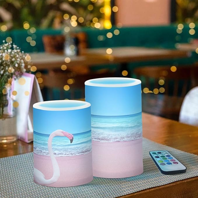 Flickering Flameless Candles, Pink Flamingo on Beach LED Candles with Remote Timer, Set of 2 Battery Operated Candle for Valentine Wedding Birthday