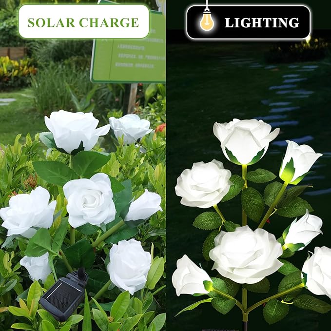 DWH 1 Pack Solar Garden Lights Outdoor, 7-Flower Rose Solar Lights for Yard, LED Solar Powered Stake Lights for Patio Pathway Lawn Fence Cemetery, White