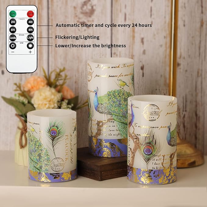 Flameless Peacock Battery Operated Candles With Remote - Flickering Pillar Real Wax LED Vintage Home Decor for Spring, Wedding, Mother's Day Gifts
