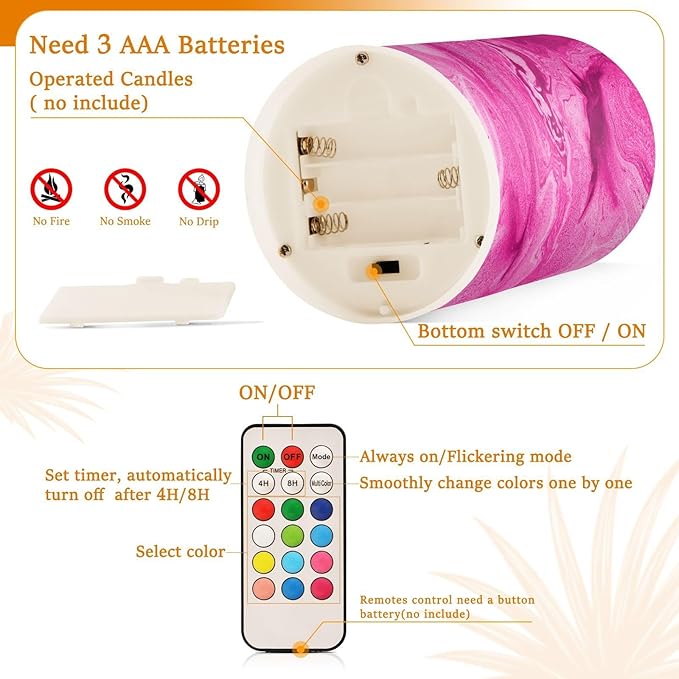 Flickering Flameless Candles, Pink Fuchsia Marble LED Candles with Remote Timer, Set of 2 Battery Operated Candle for Valentine Wedding Birthday