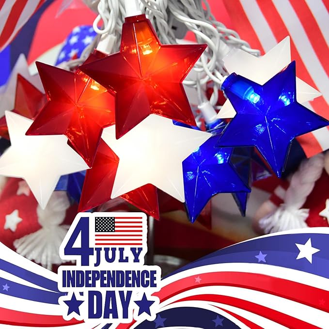 20 LED 4th of July Decor Big Star Lights, 17FT Red White and Blue Star String Lights Plug in, Memorial Day Independence Day Patriotic Decorations Outdoor Indoor for Home Garden Patio, White Wire