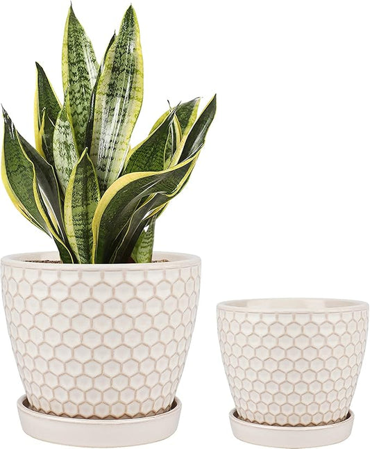 Docrin Ceramic Plant Pots Indoor: 6.6 + 5.5 Inch Planters with Drainage Holes and Saucer for Home/Office - Set of 2 /Milky White Honeycomb